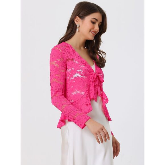 Floral Lace Shrug Tie Front Ruffled Hem Sheer Crop Bolero Cardigan Hot Pink - Picture 4 of 5
